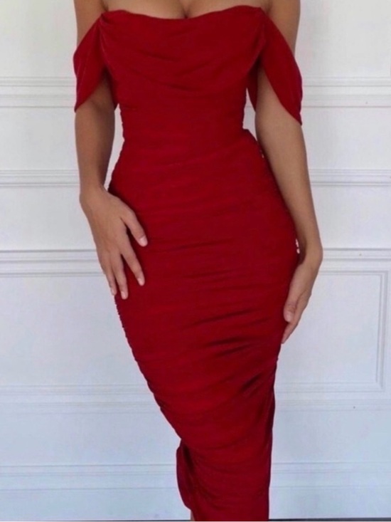 House of CB Dresses & Skirts - House of CB Red Off-Shoulder Ruched Midi Dress